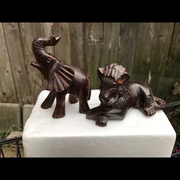 Other - Solid wood hand carved elephant and lion